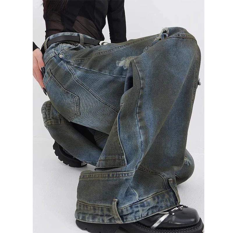 

Vintage Ripped Holes Cargo Pants Women High Waist Wide Leg Casual Denim Pants Washed Baggy Pants Y2K Trousers Streetwear Jeans