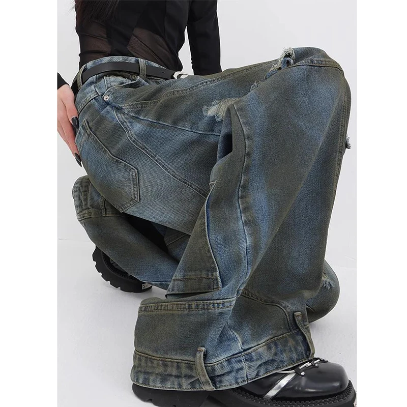 Vintage Ripped Holes Cargo Pants Women High Waist Wide Leg Casual Denim Pants Washed Baggy Pants Y2K Trousers Streetwear Jeans