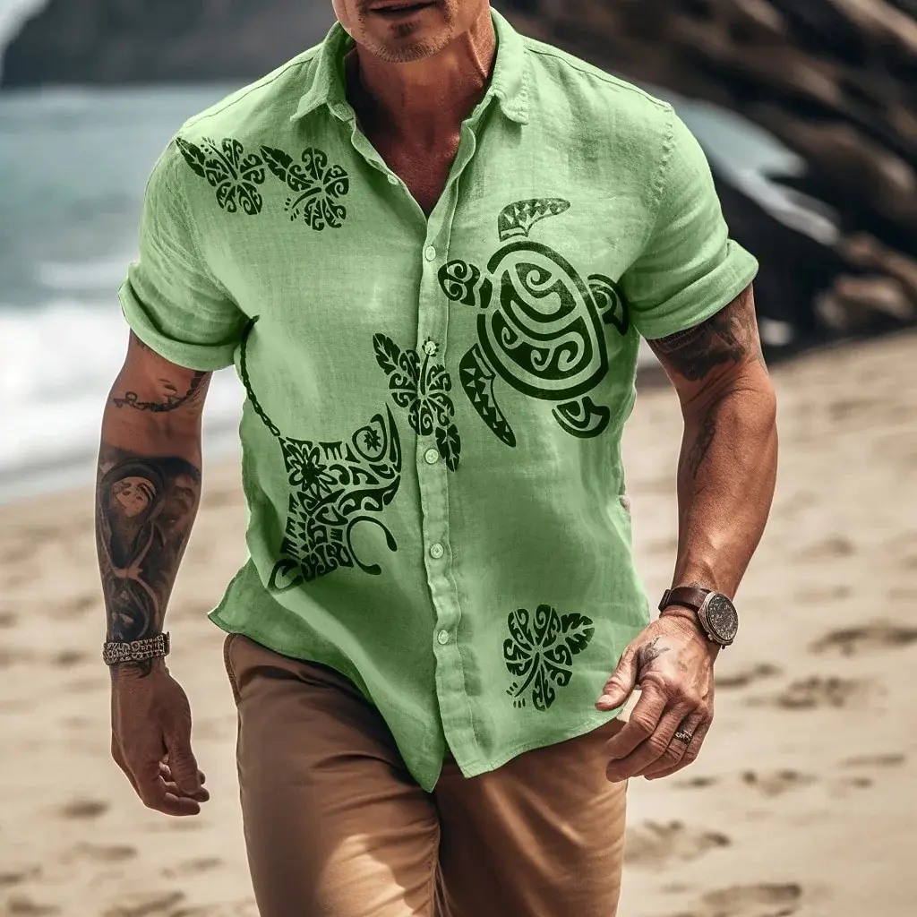 

Men's Turtle Print Shirt, Short Sleeve Turndown Collar Button Up Tops, Casual Beach Vacation Daily Wear for Spring & Summer
