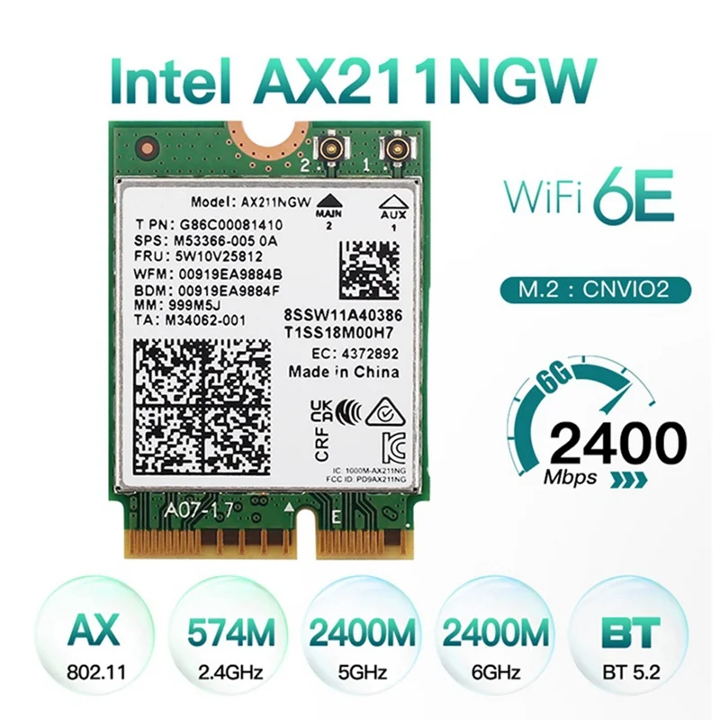 Kartu WiFi 6E AX211NGW, jaringan nirkabel Wifi 2.4G/5G/6Ghz Untuk Bluetooth 5.2 AX211 M.2 KeyE CNVio S10