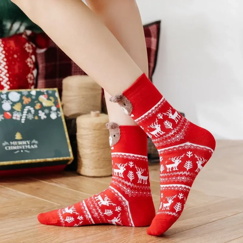 Christmas Red Socks Xmas Cartoon Santa Claus Elk Bear Socks Girls Favors Gifts Socks Merry Christmas Happy New Year 2025