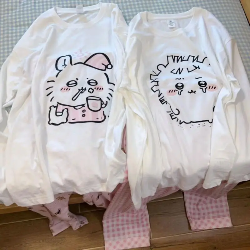 Kawaii Chiikawa Printed Long-Sleeved T-Shirt Women's Pure Cotton Short Sleeves Spring and Autumn Round Neck Loose Tops Trendy