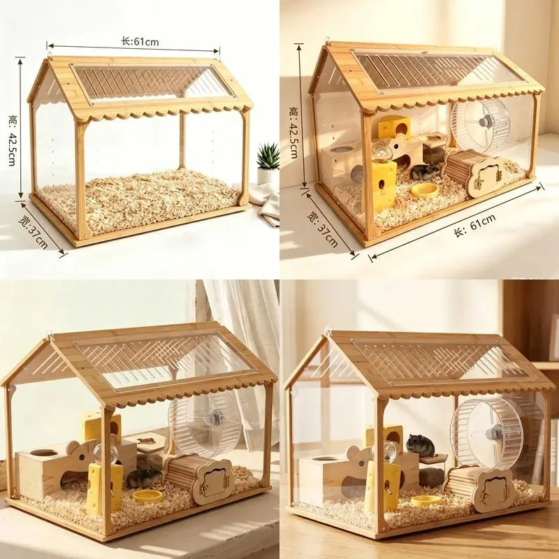 for Wholesale Large Wooden Hamster Cage Transparent Acrylic Escape Squirrel Cage Multifunctional Small Pet House OEM