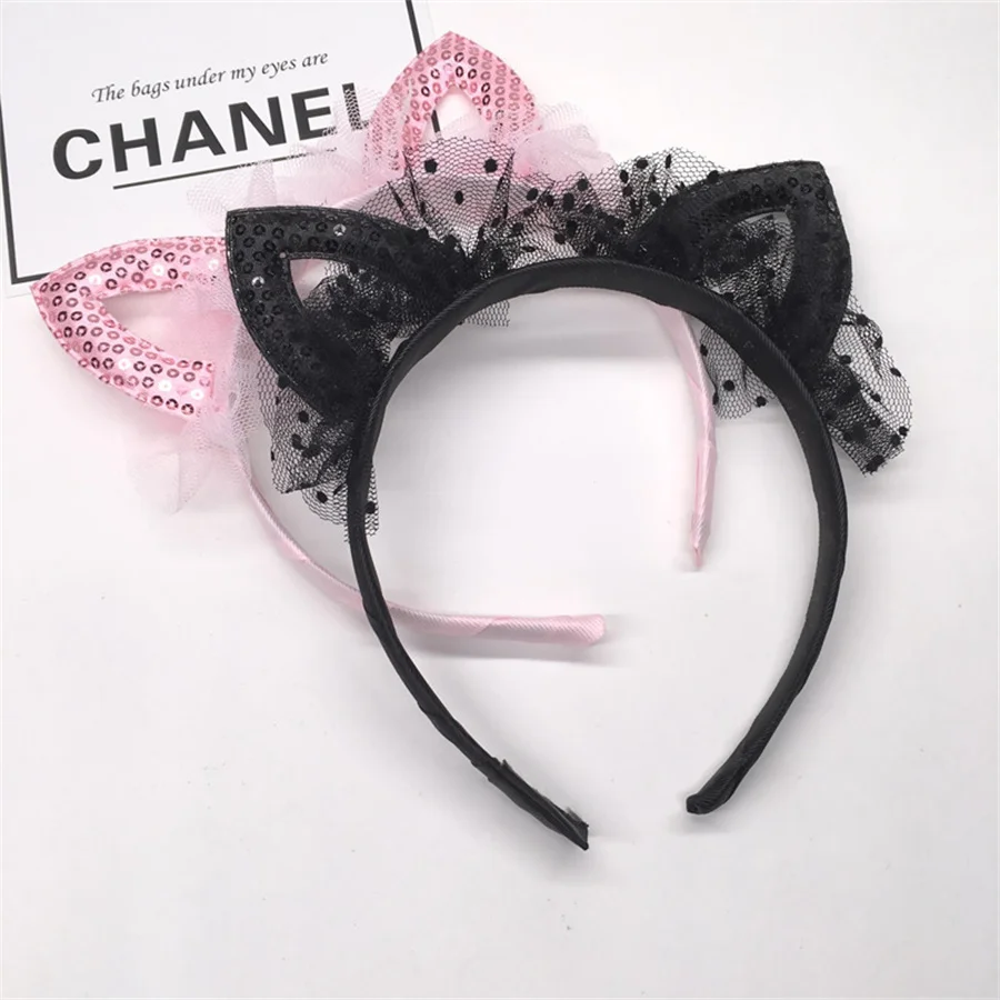 New Korean style Fashion Sequin Cat Ears Headband Shiny Cute Cartoon lace Hairband Hair Accessories for Girls child Daily Party