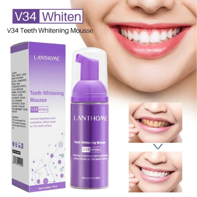 Creme dental de espuma amarelada para clareamento dos dentes, cuidado dentário eficaz, roxo, profissional, 2pcs, V34