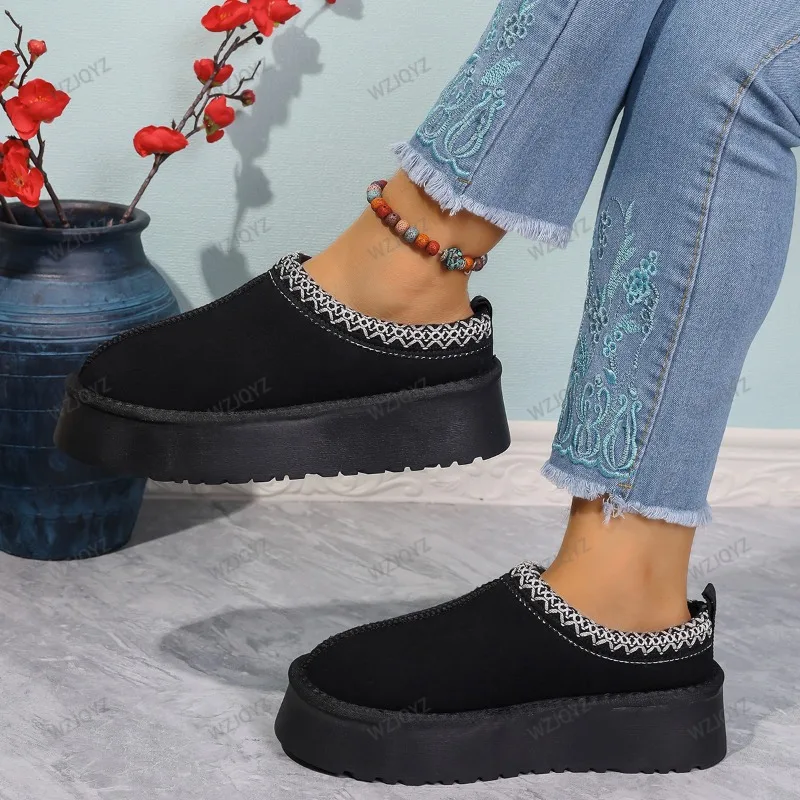 أحذية الثلوج النساء شتاء جديد الكشمير باطن سميكة دافئة دون كعب مغطاة الشعر نصف النعال أحذية قطنية الكشمير الأحذية الدافئة #5