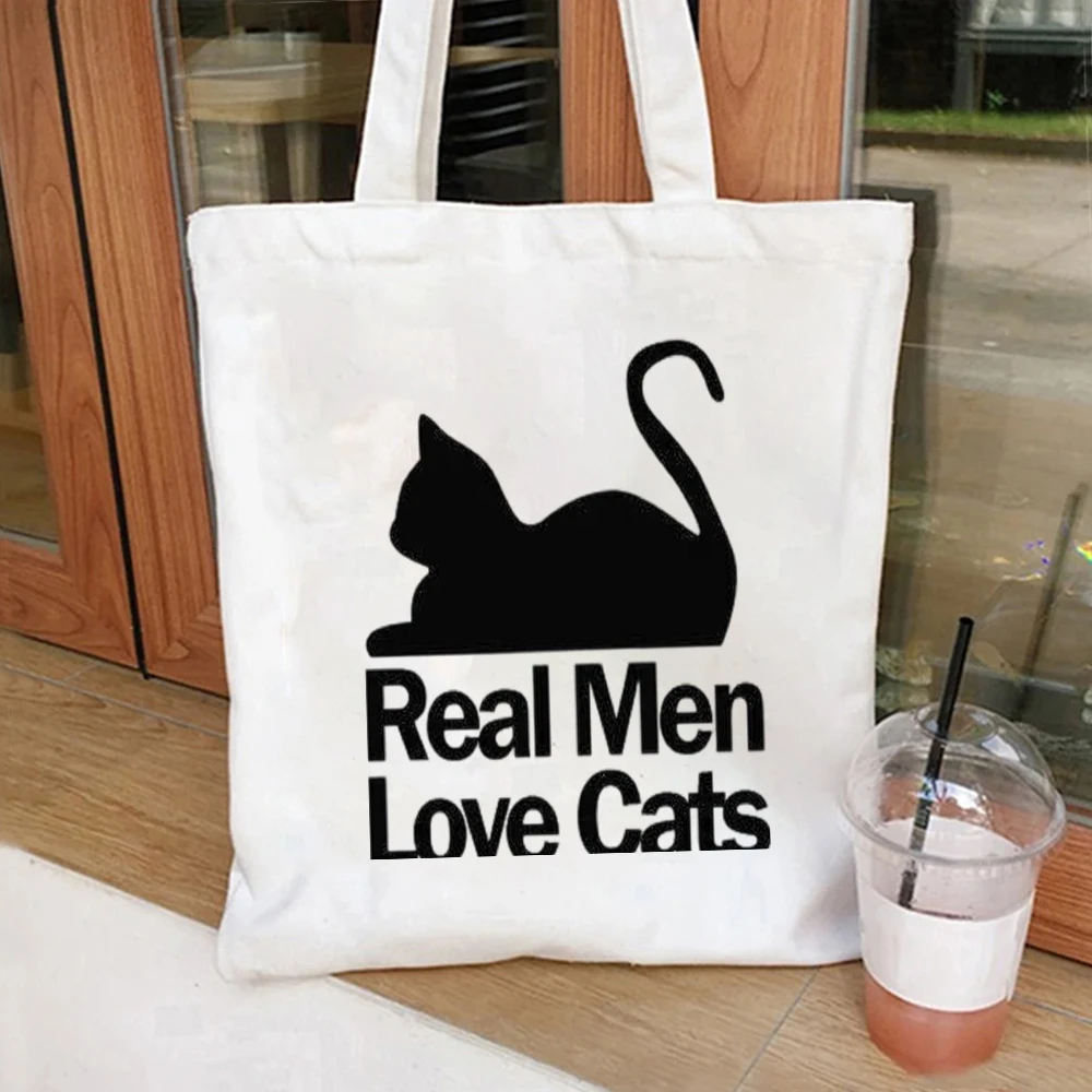 Cat Silhouette Real Men Love Cats Canvas Tote Bag Stylish Bag Campus Commutes Grocery Trips Urban Strolls Tote Bags for Women