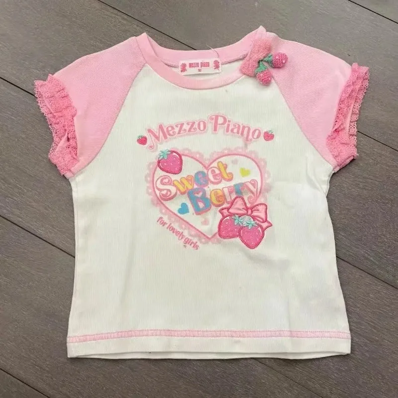 Sweet Y2K Kawaii Collection Lace Cute Girl Short Sleeve Tops T-shirts Daily Casual Petite Size Tees Streetwear Fashion Outfits