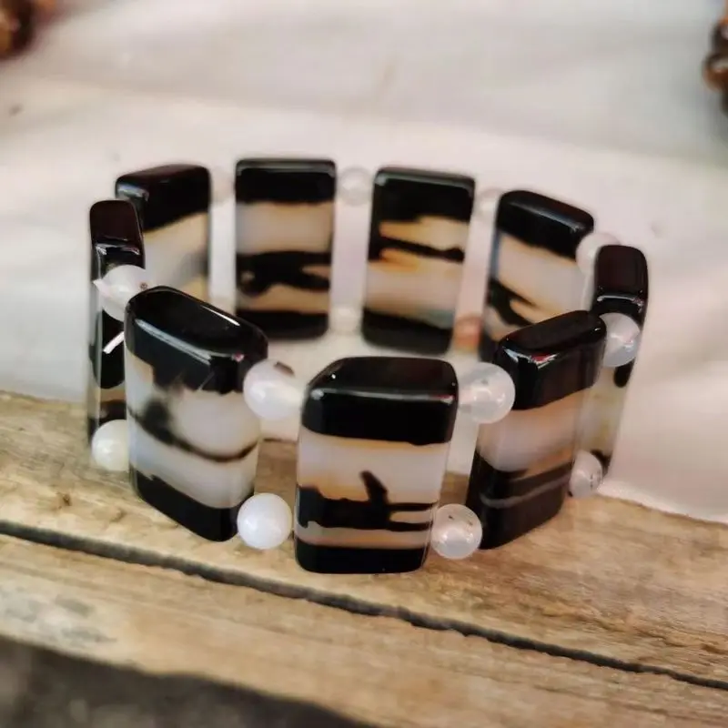 Agate Chalcedony Jewelry Men, Black And White Flower Jade Bracelet Accessory