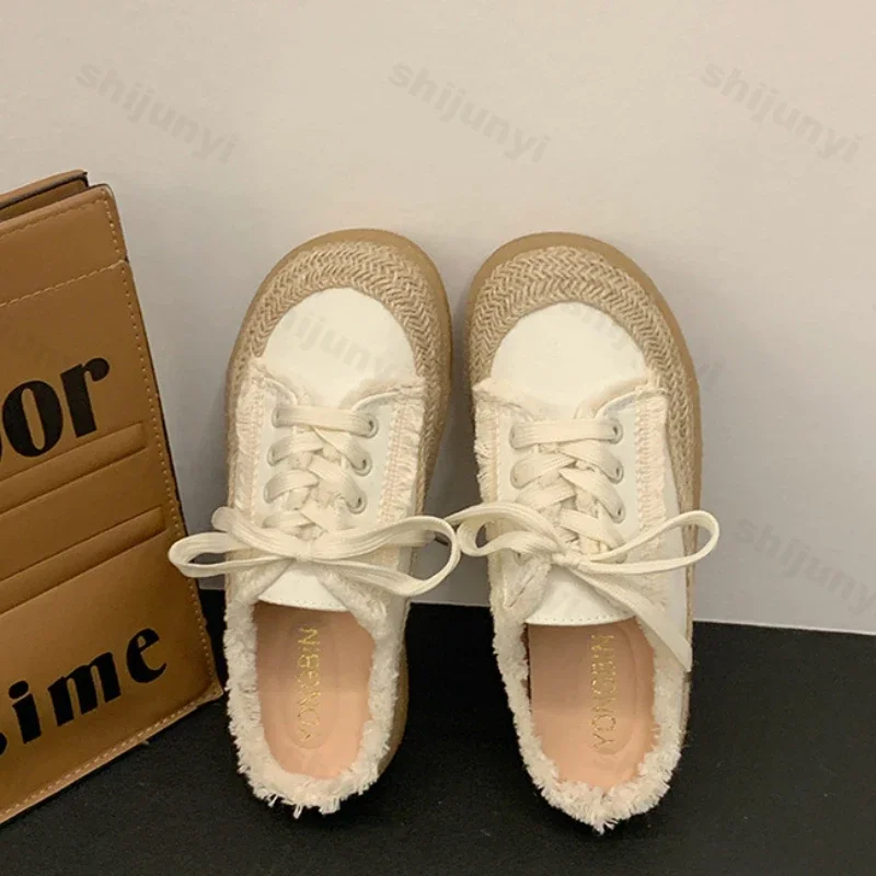 Fashion Casual Lace Up Canvas Shoes for Women 2024 Autumn New Designer Half Slipper Shoes Female Flat Casual Sneakers Ladies image 5