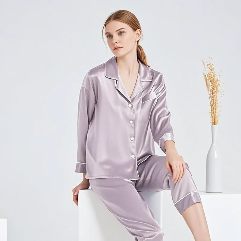 2026 Women's Luxury Two Piece Set: High End Mulberry Silk Pajamas for Spring Summer Embroidered Heavyweight Loungewear Cozy Soft