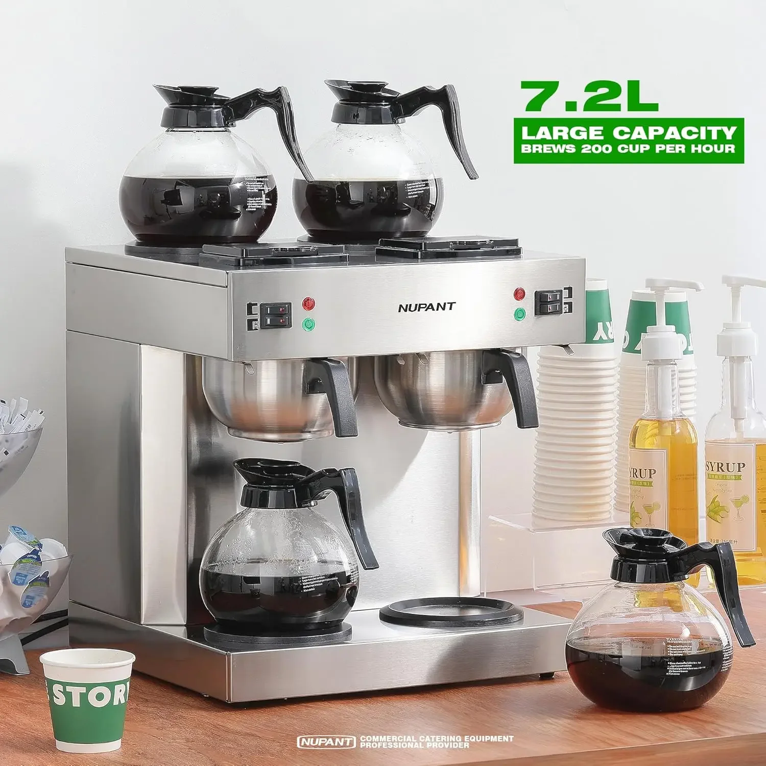 Commercial Coffee Maker, 200 Cup/hour, 7.2L Pour Over Coffee Machine with 4 Glass Carafe and 4 Warmers, Stainless Stee