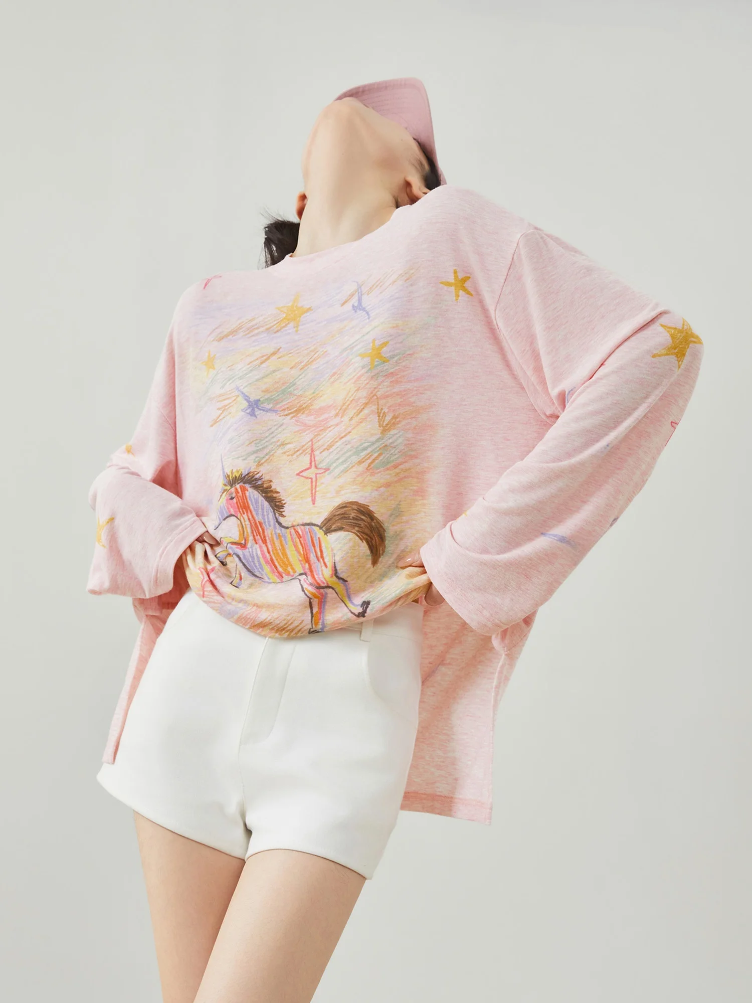 

Женская тонкая свободная повседневная универсальная футболка Dopne Hand-Dn с радужным принтом и длинными рукавами, розовая, в корейском стиле