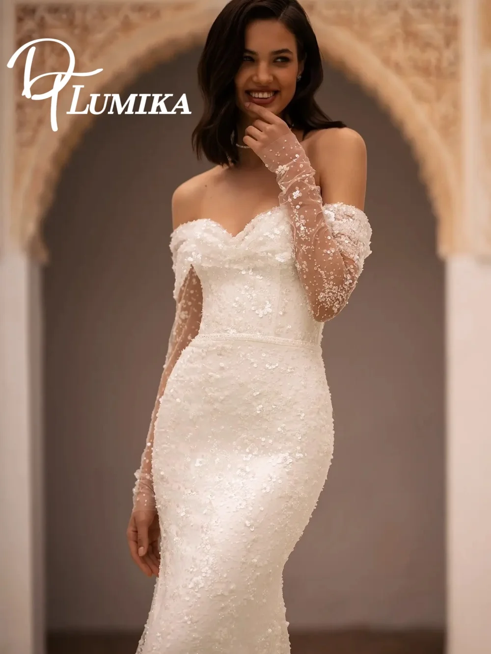 

Enchanting Off The Shoulder Wedding Dress 2026 Romantic Beaded Bridal Gown Sparkling A Line Long Sleeve Floor Length Bridal Dres