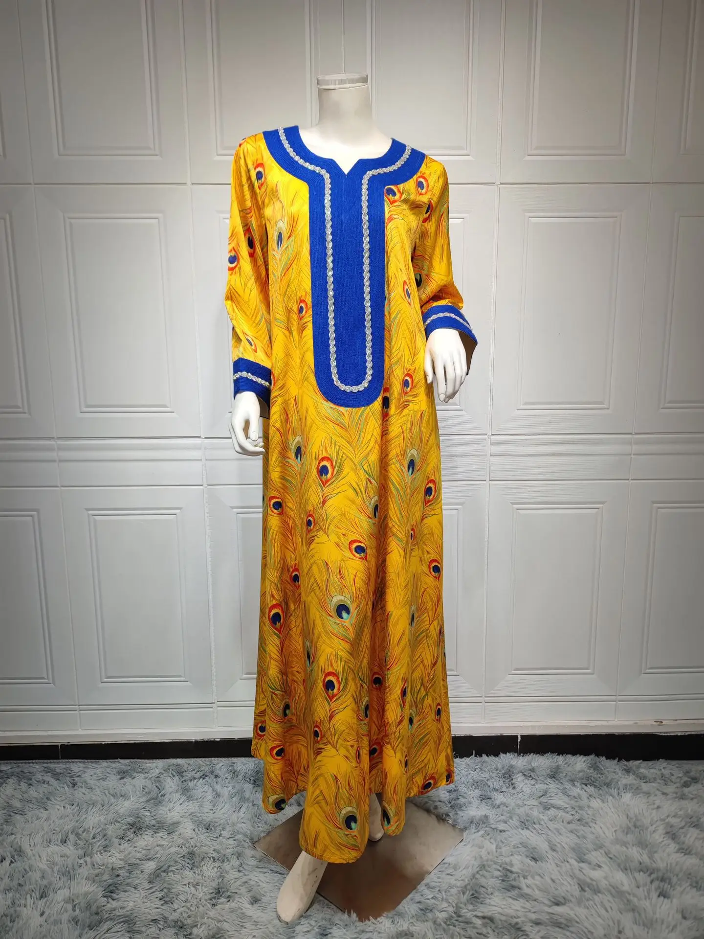 Turkey Dubai Muslim Ethnic Print Dress Contrast Color Diamonds Dresses Moroccan Kaftan Islam Long Abaya Jilbab Ramadan 2025