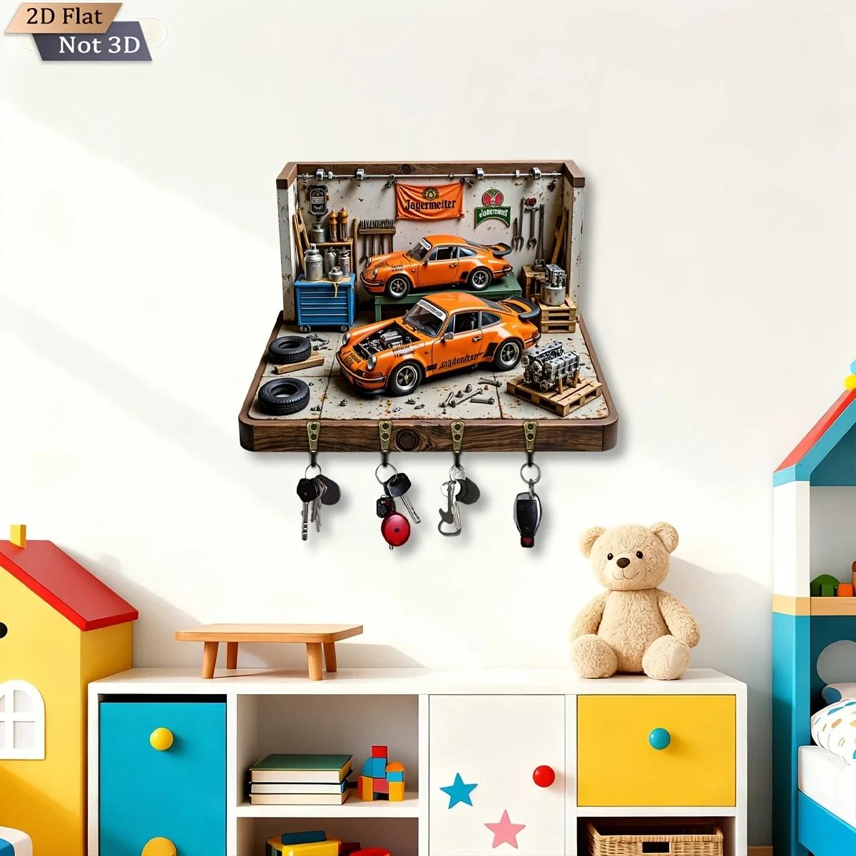 2D Flat, 1pc, Auto Repair Workshop Theme Key Hook, Wooden Multifunctional Home Key Rack, with Four Metal Hooks, Wall
