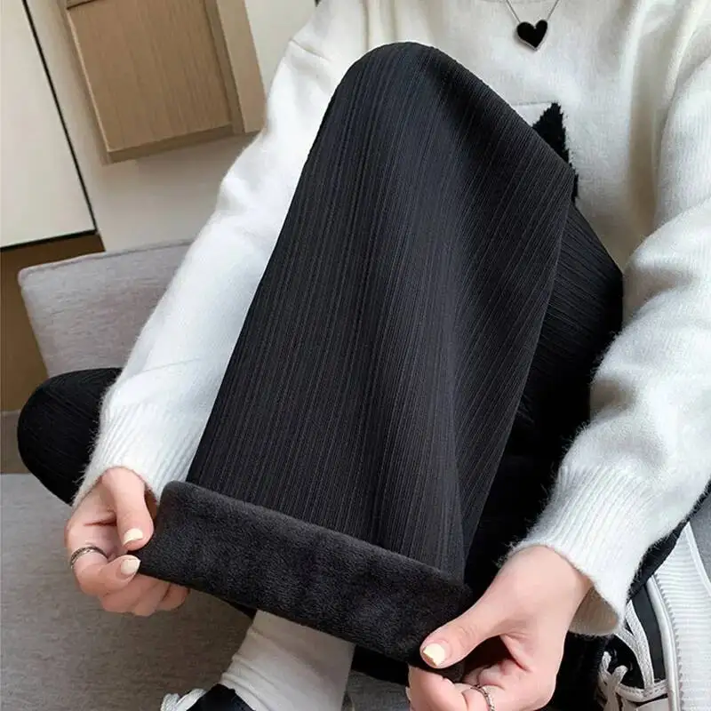 2025 hiver polaire doublé chaud femmes couleur unie pantalon à jambes larges femme confortable élastique taille haute pantalon femme