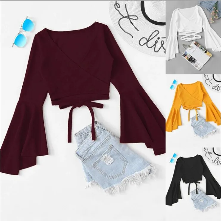 

Осень-зима Long Sve V Ne Wi Bell Sve T irt с поясом Женский модный повседневный удобный дышащий топ