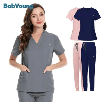 Medische Unisex Effen Kleur Scrub Tops Vrouwen Casual Verpleegster Uniform Klinische V-Hals Shirt Dokter Werkkleding