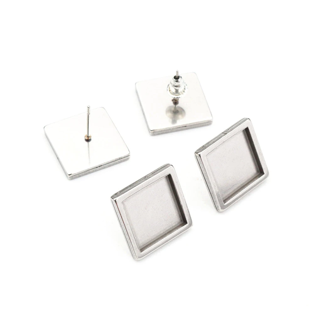 10 szt. 10/12mm rozmiar wewnętrzny ze stali nierdzewnej kwadratowe kolczyki z pustą podstawą grube kolczyki tace kaboszon DIY biżuteria — zdjęcie 6