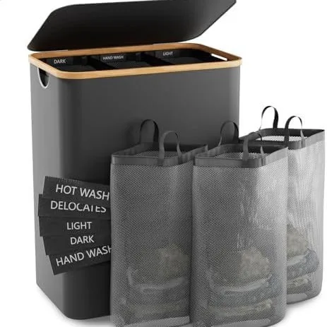 

Foldable Bamboo and Wood Laundry Basket with Lid and Inner Bag, for Bedroom, Ideal for Dirty Clothes Storage