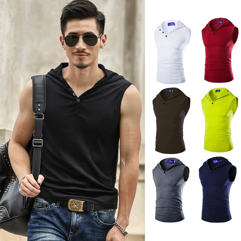 

Solid Colour Hooded Elasticity Cotton Tank Top Men Slim fit Underwear Mens Vest Casual Plus Size 4XL