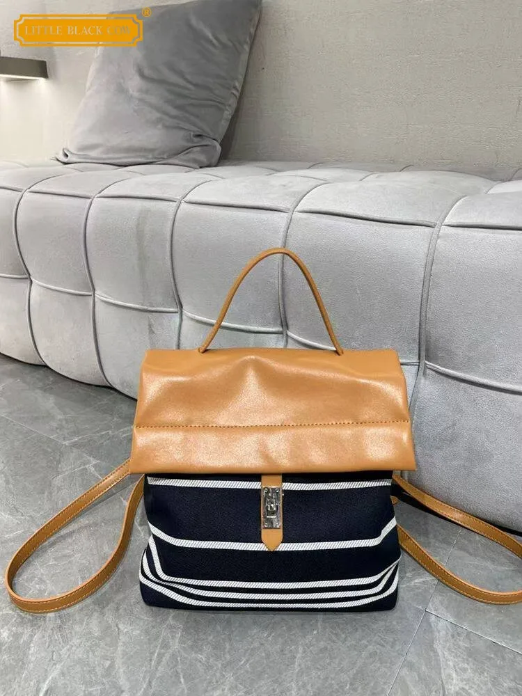 

Модные женские рюкзаки Harajuku из натуральной кожи и холщовой ткани, дизайнерская сумка с застежкой, разноцветная полосатая сумка, повседневный дорожный рюкзак