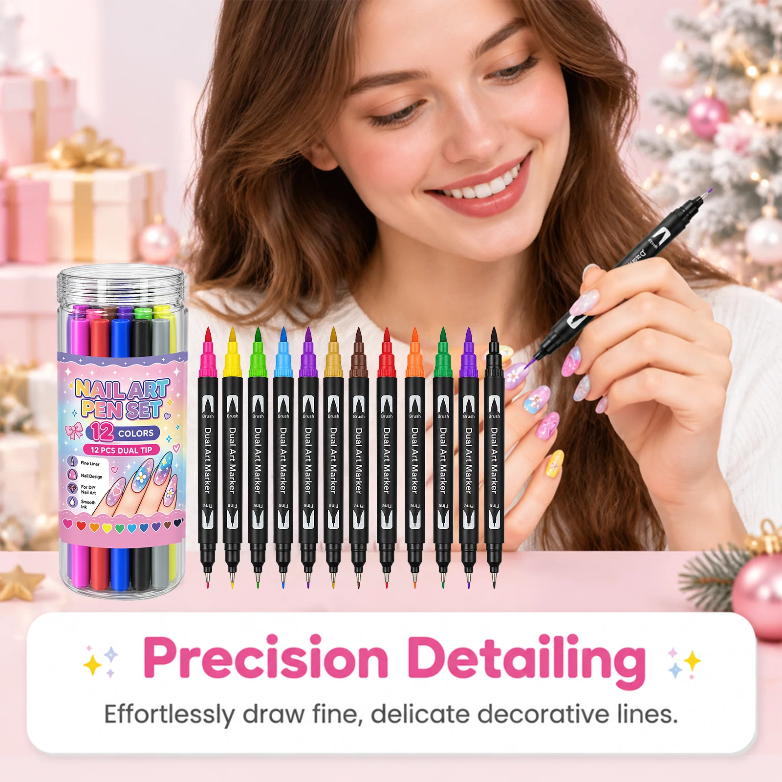 Dual Tip Nail Art Marker Set Fine Line Drawing Tools Creating Diverse Nail Surface Patterns 12 Color Diy Manicure Painting Pens
