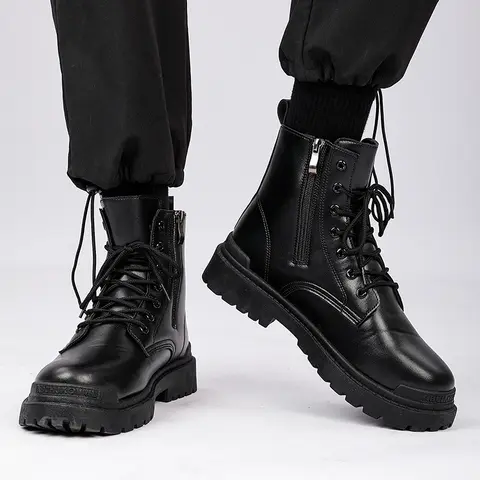 남성용 가죽 부츠 사계절 야외 캐주얼 하이킹 부츠 레트로 패션 작업 부츠 두꺼운 바닥 발목 부츠 Anti-slip 2024