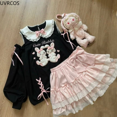 Imagen 2 del producto Conjuntos de 2 piezas de Lolita japonesa para mujer, camisetas con bonito lazo de conejito de dibujos animados y hombros descubiertos, minifaldas de pastel rosa, trajes Kawaii Y2k