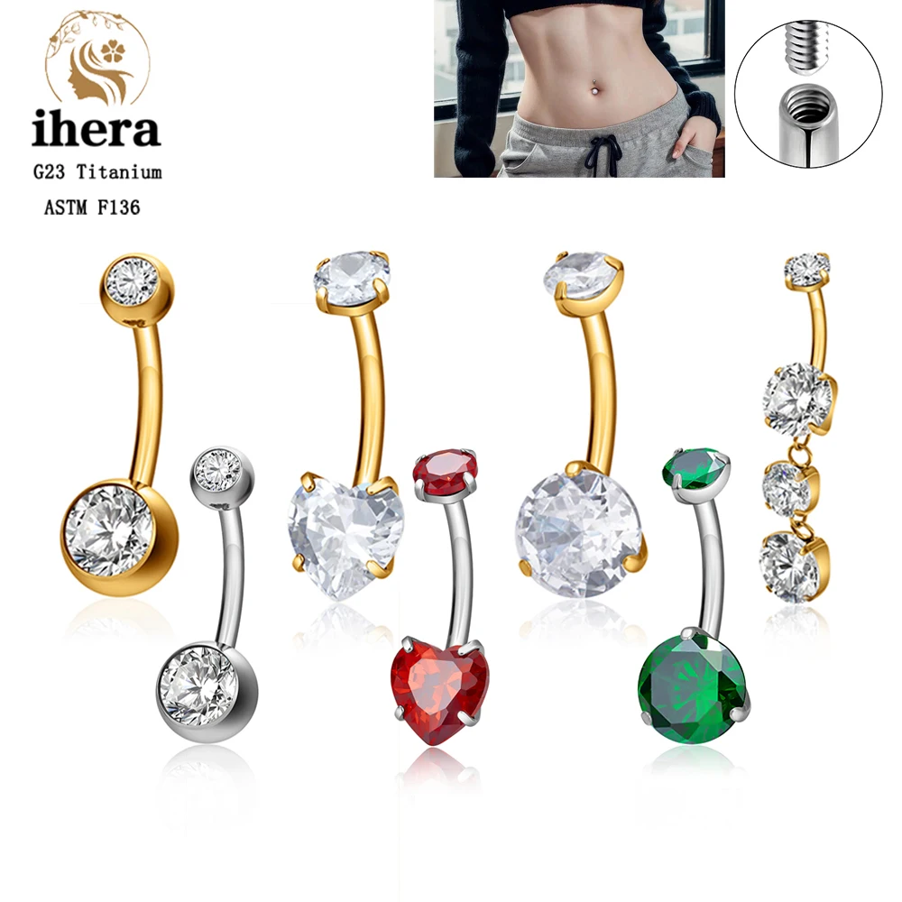 ASTM F136 Titanium 14G Belly Button Ring Round Heart Zircon 14G Internal Thread Navel Piercing Ring 8/10/12mm Bar Body Jewelry