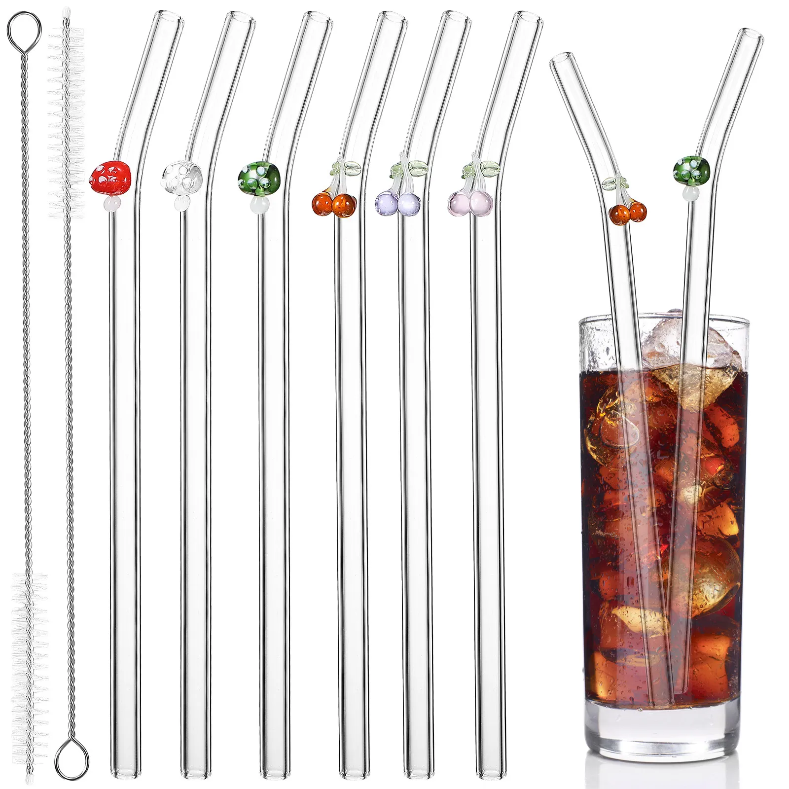 

1Set Reusable Glass Straw Set Clear Glass Drinking Straws with Mushroom Cherry Charms Cleaning Brush Safe Non-Breakable for Milk