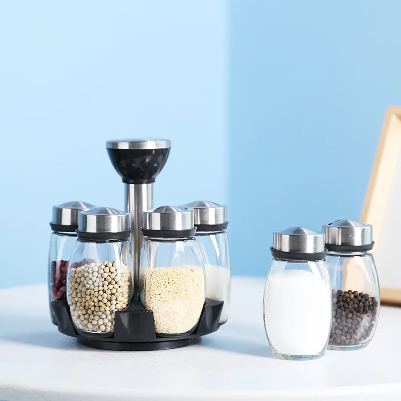 Household Kitchen Glass Spice Jar Rotating Seasoning Box Set Bottle