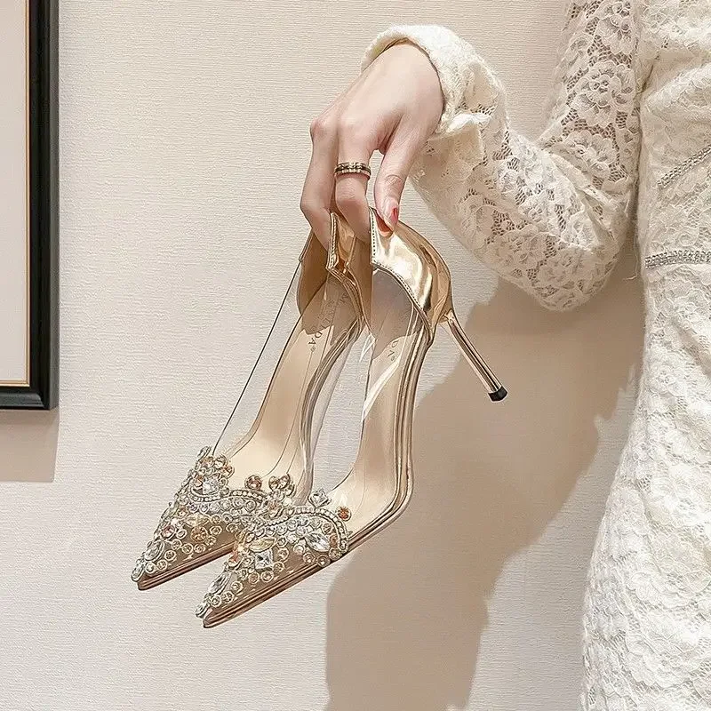 Woman Pumps Pointed Toe Rhinestone Clear Silver Shoes for Women Genuine Mark With Discount Non Slip On Promotion Popular Fashion