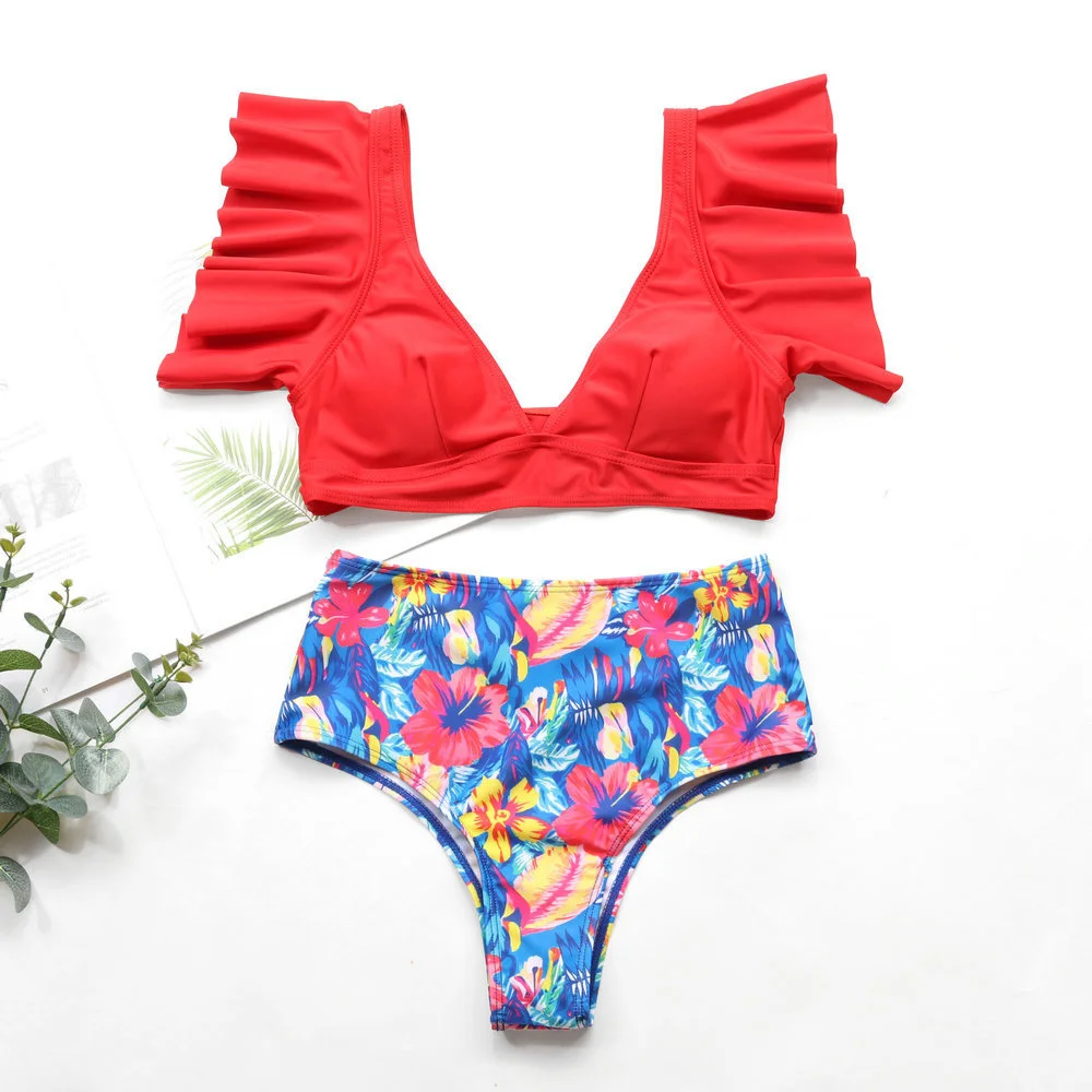 น่ารัก Ruffles Tankini เอวสูงบิกินี่ดอกไม้หรูหราชุดว่ายน้ํา Push Up ชุดว่ายน้ําฤดูร้อนชุดชายหาดชุดว่ายน้ําผู้หญิง Sexys ชุด