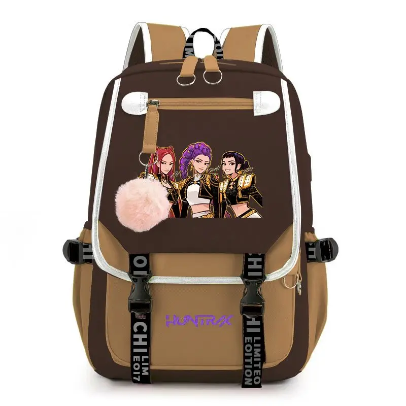 Mochila KPop Demon Hunters Rumi Mira Zoey HUNTR/X, mochila escolar con estampado de moda de dibujos animados para estudiantes equipada con mochila con interfaz USB