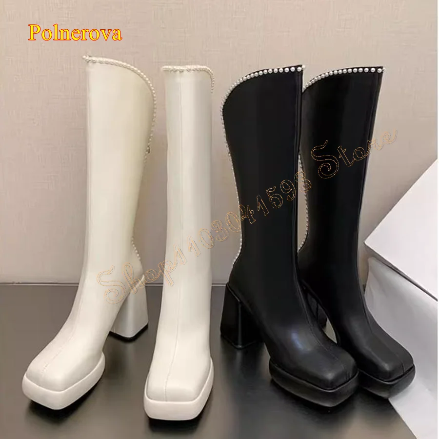 Pearl Zip Leather Knee High Boots,Thick Sole Thick Heel Women Boots Retro Flat Toe High Heel Boots 2024 New Zapatos Para Mujere