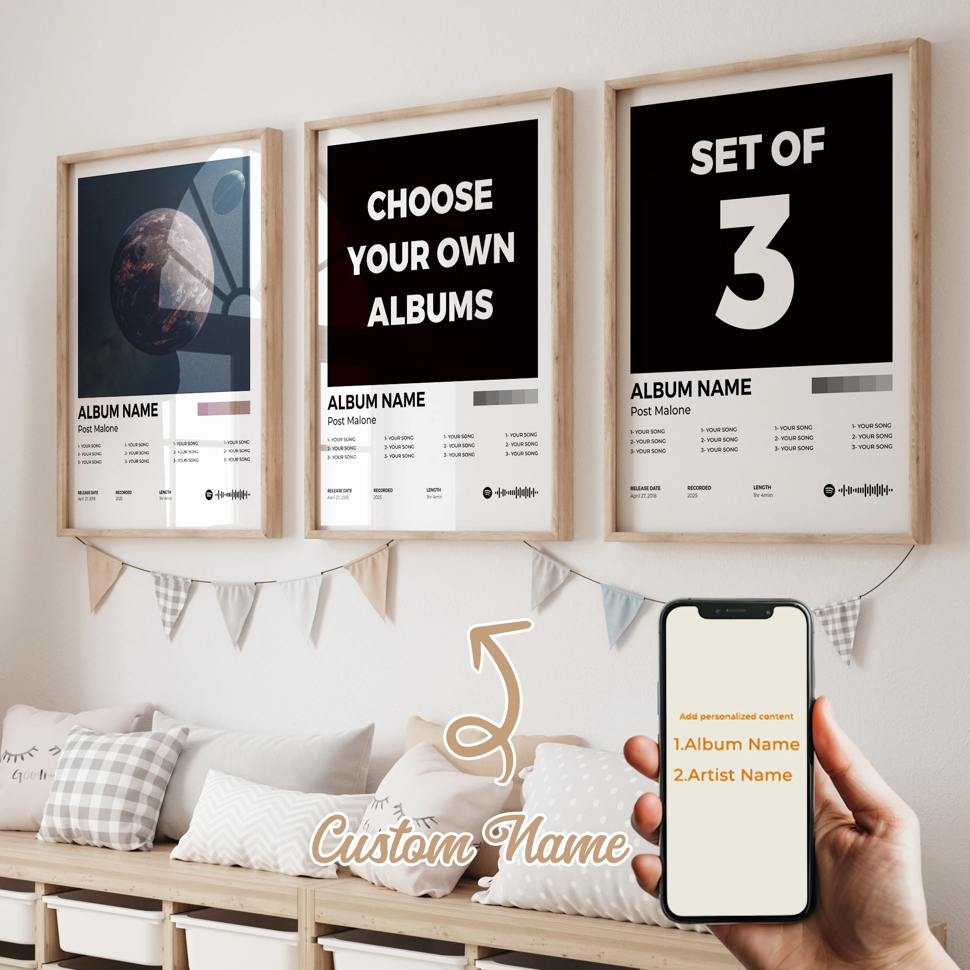 3pcs Custom Album Music Cover Wall Art Personalised Song Print Picture Poster Canvas For Living Room Bedroom Room Home Decor