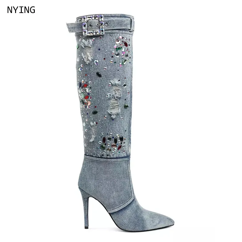 

Lady blue cowboy rhinestone knee boots glitter crystal multicolor boots jeans denim boots vintage causal boots size 44