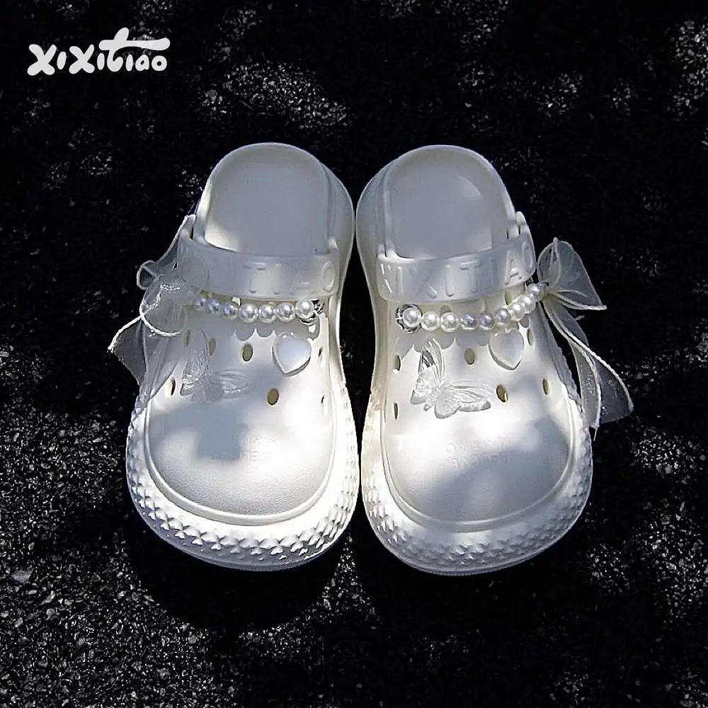 

Women Garden Shoes Beach Slippers DIY Butterfly Pearl Chain Women's Beach Vacation Anti Slip Summer Bathroom Cool Slippers