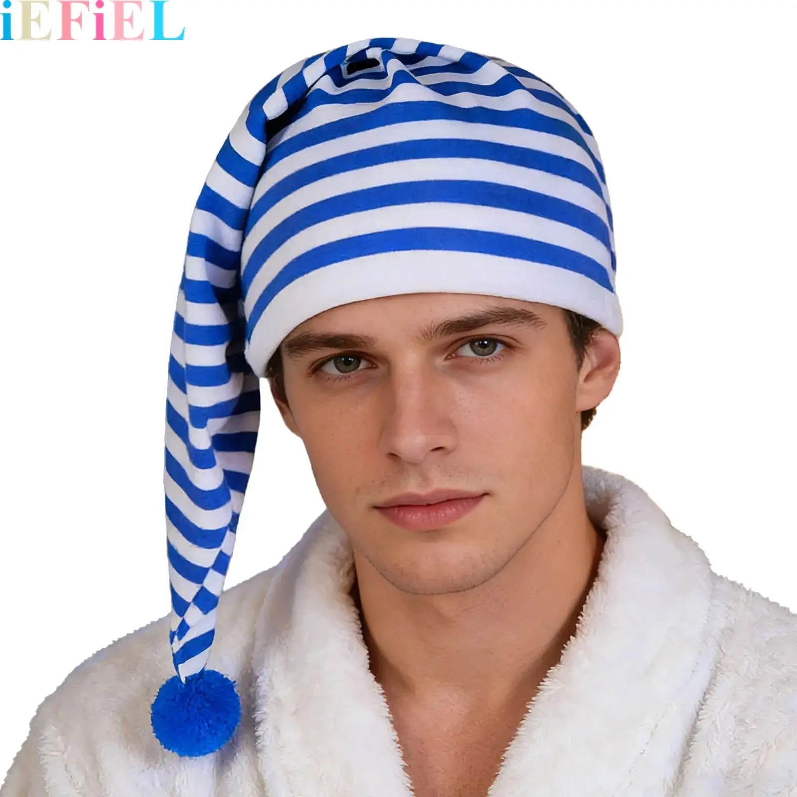 

Men Women Adjustable Night Cap Sleeping Cap Striped Pajama Hat with Pom Ball for Christmas Daily Costume Party