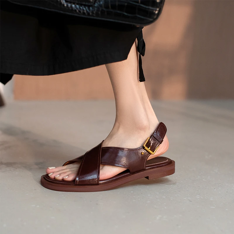 2024 New Summer Sandals Women Round Toe Low Heel Fashion Shoes Women Genuine Leather Solid Color Simplicity Sandals for Women