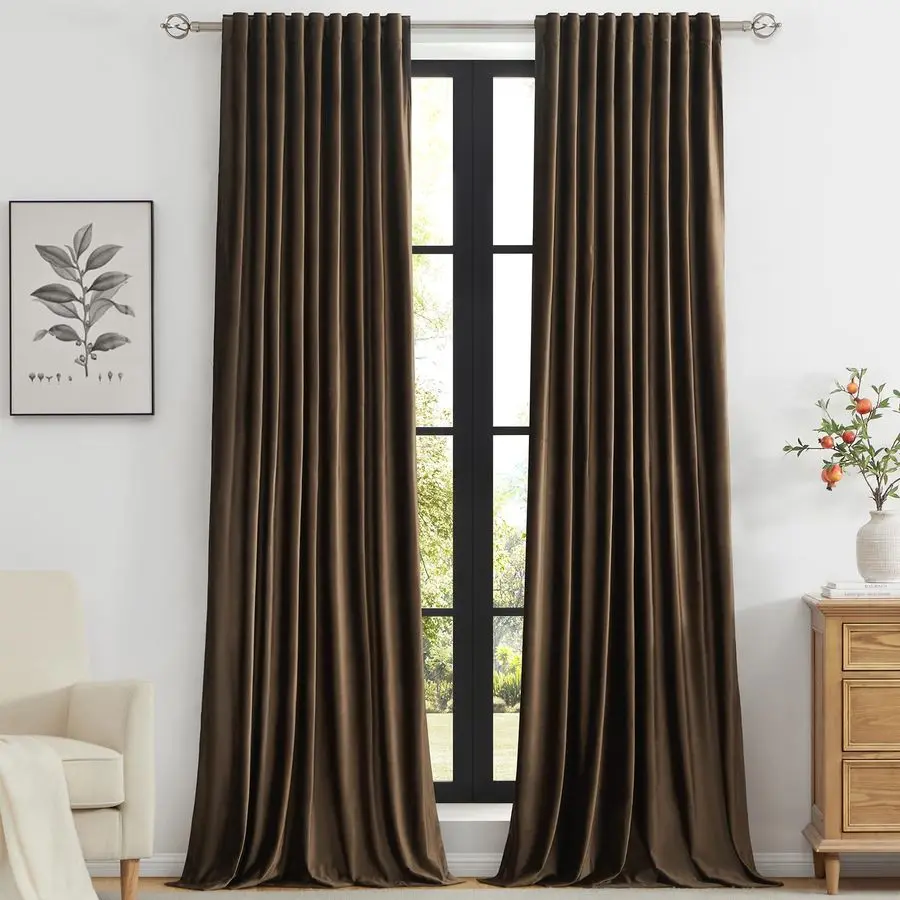 

Brown Velvet Curtains 96 inch Long for Living Room,Set of 2 Panels Blackout Rod Pocket Back Tab Window Treatment Room Darkening