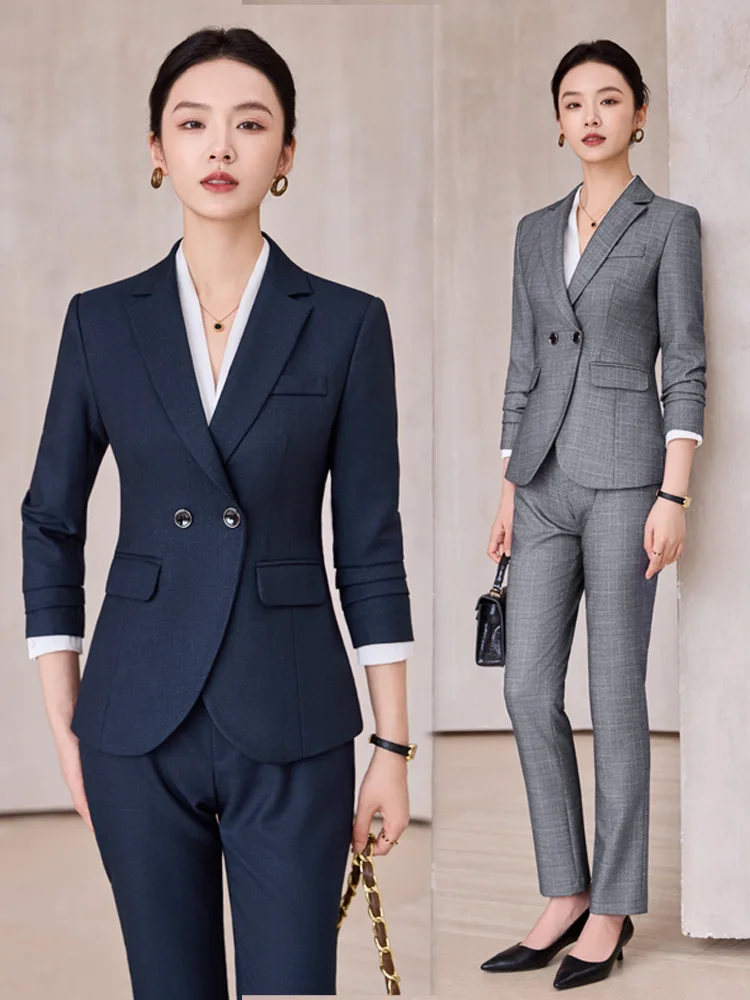 

Blue professional suit for women in autumn2025New high-end elegant sales office front desk workwear suit