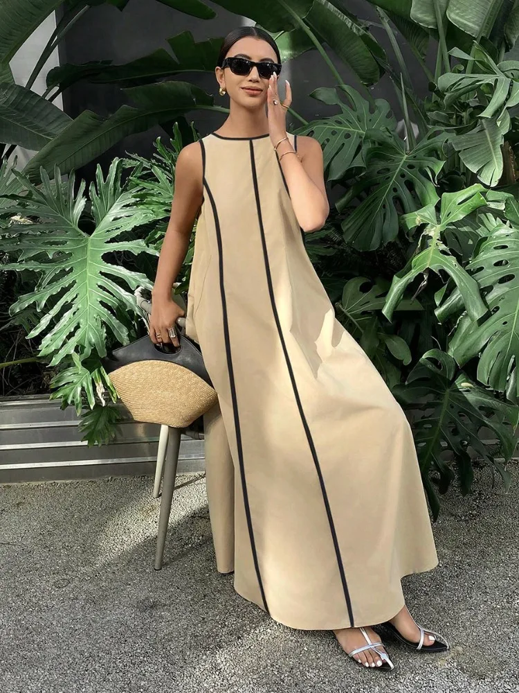 UOOZEE Women's Minimalist Black Trim Casual Summer Maxi Dresses 2026 New Sleeveless Round-Neck Loose Office A-Line Dress view 4