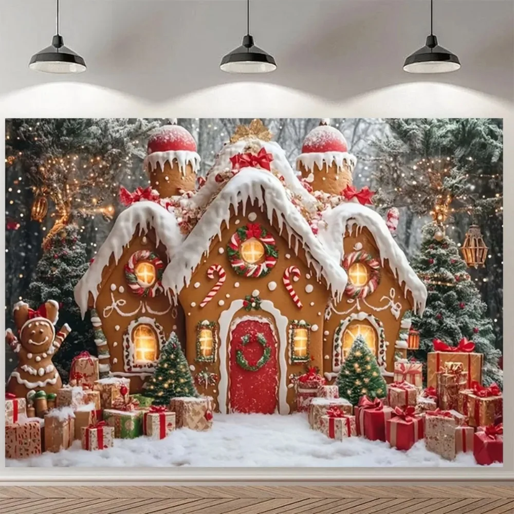 Christmas Gingerbread House Themed Decoration Background, Winter Holiday Gift Christmas Tree Decoration Photography Background