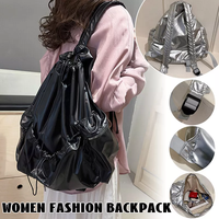 New Womens Large Capacity Drawstring Pleated Backpack Glossy Waterproof Nylon Shoulder Bag Travel Lightweight Fashion Knapsack