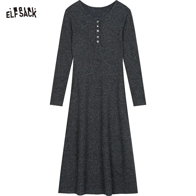 ELFSACK 2024 Autumn New Arrivals Casual waist cinching slimming round neck, knitted dress for women