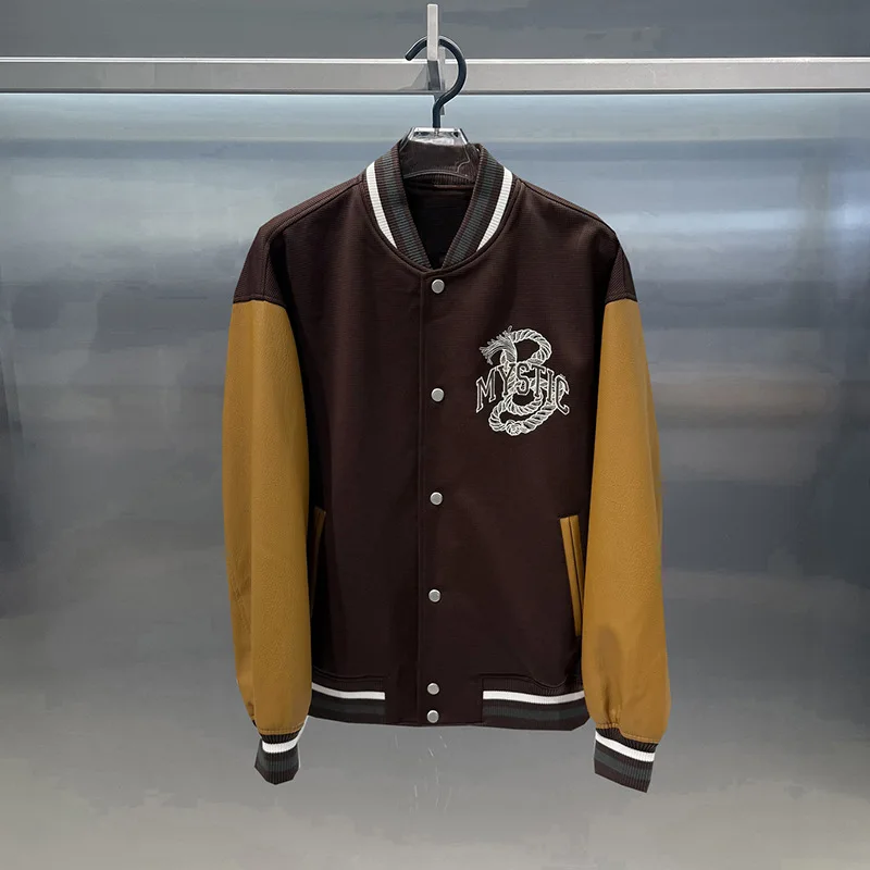 

Faionable Stand Collar Splice American College Casual Baseball Jaet Men's Comfortable Breathable Long Sve Outerwear