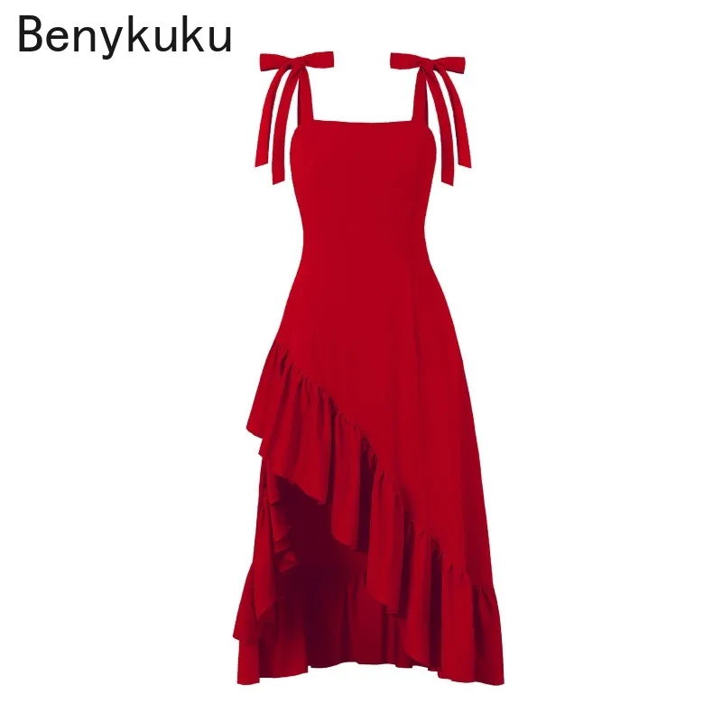Cinghie con nodo rosso solido Abito lungo da ballo alto basso da donna Elegante volant da cocktail Abiti da compleanno Abiti da sera elasticizzati da donna